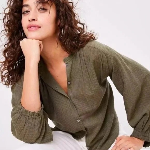 LOFT Tops - Loft | Olive Green Ruffle Blouse Size Large